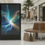 Nå ut med budskapet med digital skyltning Digital reklamskylt placerad bredvid en sittbänk inne i en galleria.